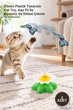 2 Adet Hareketli Pilli Kelebek Kedi Oyuncağı – Dönen Plastik Tasarımlı Cat Toy, Aaa Pil İle Egzersiz Ve Dikkat Çekme