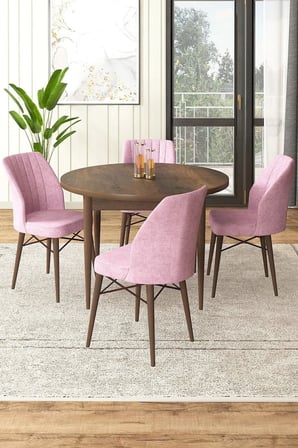 Rox Serisi 90x90 Yuvarlak Sabit Barok Ahşap Desen Masa Takımı Ve 4 Pembe Sandalye