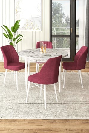 Rox Serisi 90x90 Yuvarlak Beyaz Mermer Desen Masa Ve 4 Bordo Sandalye