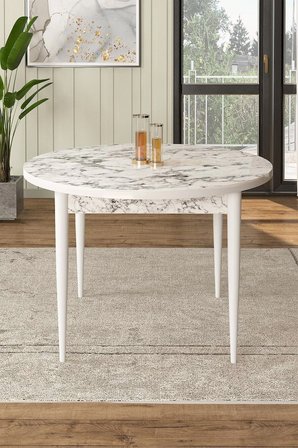 Rox Serisi 90x90 Yuvarlak Beyaz Mermer Desen Masa Ve 4 Bordo Sandalye