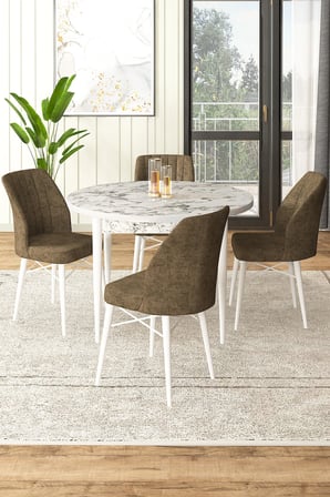 Rox Serisi 90x90 Yuvarlak Beyaz Mermer Desen Masa Ve 4 Kahverengi Sandalye