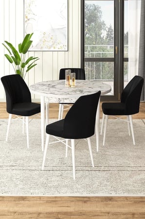 Rox Serisi 90x90 Yuvarlak Beyaz Mermer Desen Masa Ve 4 Siyah Sandalye
