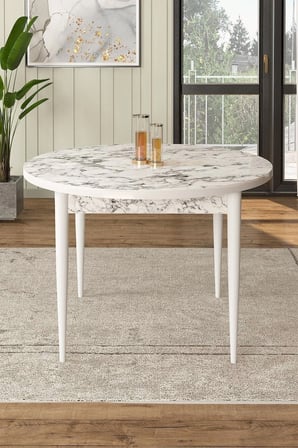 Rox Serisi 90x90 Yuvarlak Beyaz Mermer Desen Masa Ve 4 Zebra Desen Sandalye