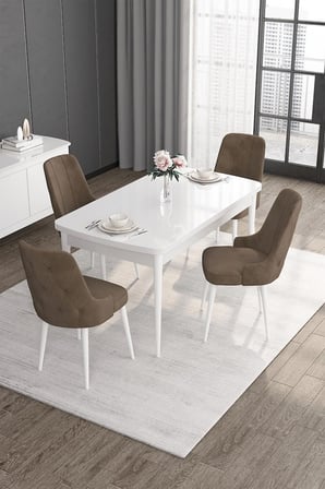 Roy Serisi,80x132 Açılabilir Mdf Masa,beyaz Mutfak Masa Takımı,4 Kahve Sandalye