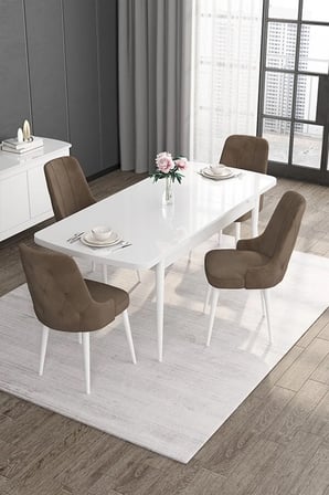 Roy Serisi,80x132 Açılabilir Mdf Masa,beyaz Mutfak Masa Takımı,4 Kahve Sandalye
