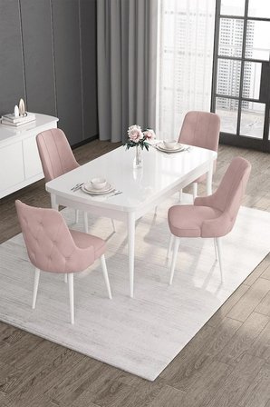 Roy Serisi 80x132 Açılabilir Mdf Beyaz Mutfak Masası Takımı Ve 4 Pembe Sandalye