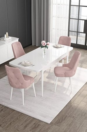 Roy Serisi 80x132 Açılabilir Mdf Beyaz Mutfak Masası Takımı Ve 4 Pembe Sandalye