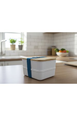 2’li Set Bambu Kapaklı Sızdırmaz Erzak Saklama Kabı 0,5+0,5 lt Mutfak Organizeri Bakliyat Seti Mavi