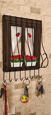 Ahşap Pencere Model Anahtarlık Kapı Duvar Tipi Anahtar Askılık Kahve, Kahverengi 21x16cm 