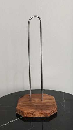 Dekoratif Ahşap Altlıklı Metal Kağıt Havluluk Tutucu (26 cm) - Mutfak Peçetelik Standı