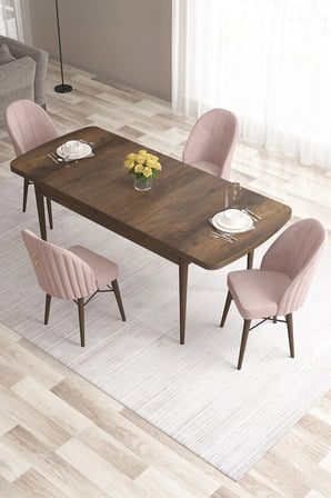 Roz Serisi 80x132 Mdf Açılabilir Barok Ahşap Desen Mutfak Masası Takımı 4 Pembe Sandalye Gold Halka