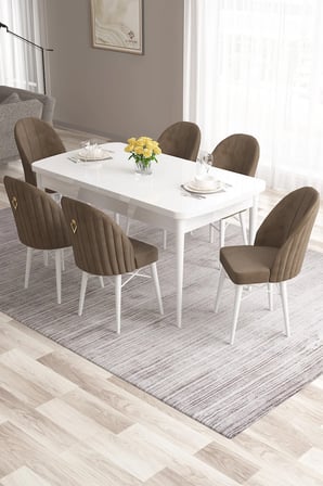 Roz Serisi 80x132 Mdf Açılabilir Beyaz Mutfak Masası Takımı 6 Gold Halkalı Kahverengi Sandalye