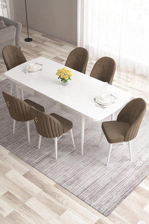 Roz Serisi 80x132 Mdf Açılabilir Beyaz Mutfak Masası Takımı 6 Gold Halkalı Kahverengi Sandalye