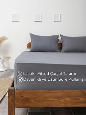 Rozet Tekstil Antrasit Tek Kişilik Lastikli Çarşaf Takımı Fitted Pamuklu Kumaş Yastık Kılıflı 100 X 200 cm