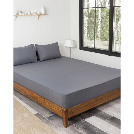 Rozet Tekstil Antrasit 160X200 Çift Kişilik Lastikli Çarşaf Takımı Fitted Pamuklu Kumaş Yastık Kılıflı 
