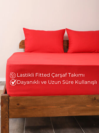 Rozet Tekstil Kırmızı 160X200 Çift Kişilik Lastikli Çarşaf Takımı Fitted Pamuklu Kumaş Yastık Kılıflı
