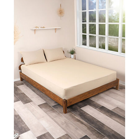 Rozet Tekstil Bej 180X200 Çift Kişilik Lastikli Çarşaf Takımı Fitted Pamuklu Kumaş Yastık Kılıflı