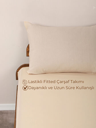 Rozet Tekstil Bej 180X200 Çift Kişilik Lastikli Çarşaf Takımı Fitted Pamuklu Kumaş Yastık Kılıflı