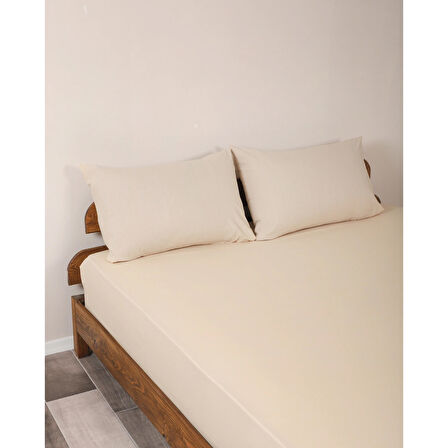 Rozet Tekstil Bej 180X200 Çift Kişilik Lastikli Çarşaf Takımı Fitted Pamuklu Kumaş Yastık Kılıflı