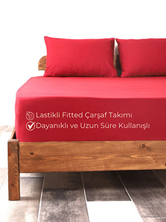 Rozet Tekstil Bordo Lastikli Çarşaf Takımı Fitted Pamuklu Kumaş Yastık Kılıflı