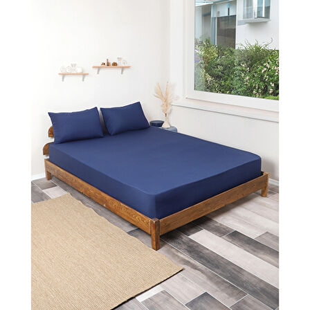 Rozet Tekstil Lacivert 180X200 Çift Kişilik Lastikli Çarşaf Takımı Fitted Pamuklu Kumaş Yastık Kılıflı