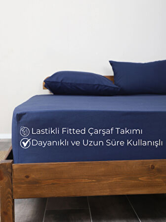 Rozet Tekstil Lacivert 180X200 Çift Kişilik Lastikli Çarşaf Takımı Fitted Pamuklu Kumaş Yastık Kılıflı