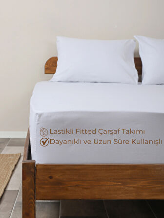 Rozet Tekstil Beyaz 180X200 Çift Kişilik Lastikli Çarşaf Takımı Fitted Pamuklu Kumaş Yastık Kılıflı