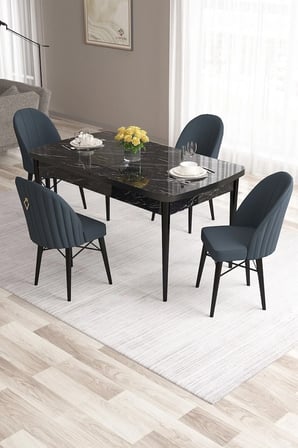 Roz Serisi 80x132 Mdf Açılabilir Siyah Mermer Desen Masası Takımı 4 Antrasit Sandalye