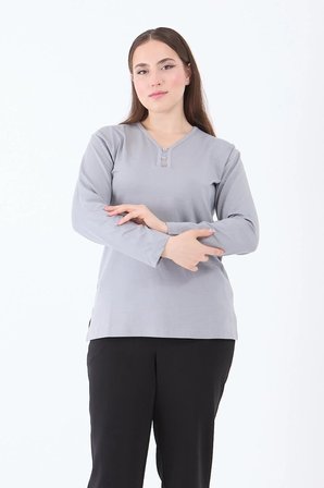 Kadın Gri Büyük Beden V Yaka Likralı Viskon Anne Penye Bluz