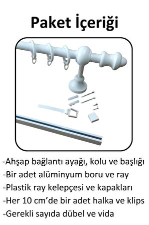 Raylı Ahşap Klasik Rustik Perde Askısı (Alüminyum Boru) Halka ve Klips