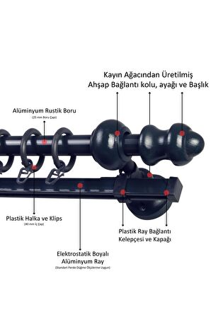 Raylı Ahşap Klasik Rustik Perde Askısı (Alüminyum Boru) Halka ve Klips