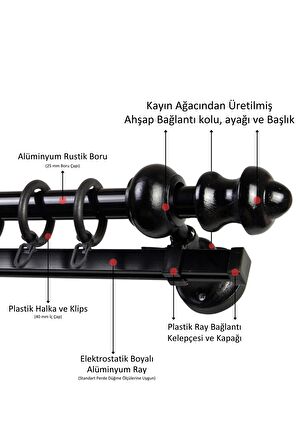 Raylı Ahşap Klasik Rustik Perde Askısı (Alüminyum Boru) Halka ve Klips