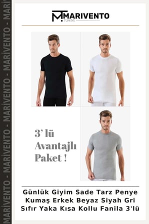 Günlük Giyim Sade Tarz Penye Kumaş Erkek Beyaz Siyah Gri Sıfır Yaka Kısa Kollu Fanila 3'lü