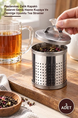 3 Adet Büyük Metal Çay Süzgeci – Paslanmaz Çelik Kapaklı Tasarım Geniş Hazne Kupaya Ve Demliğe Uyumlu Tea Strainer