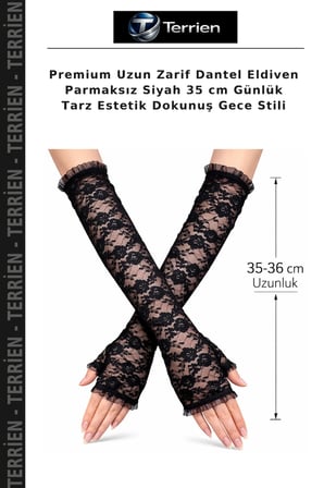Premium Uzun Zarif Dantel Eldiven Parmaksız Siyah 35 cm Günlük Tarz Estetik Dokunuş Gece Stili
