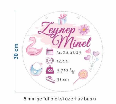 Pleksi Kapı Süsü Kız Bebek Doğum Tarihli