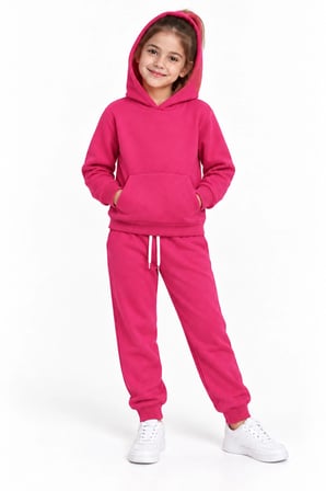 Kız Çocuk Fuşya Kapüşonlu Eşofman Takımı Kanguru Cepli Sweatshirt ve Jogger Alt 2’li Set