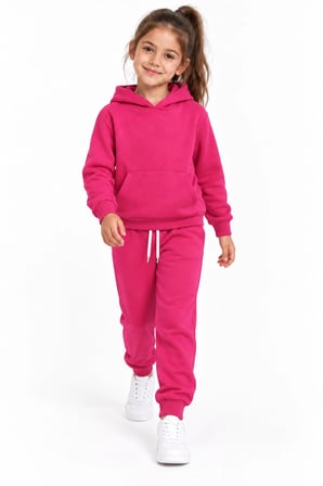 Kız Çocuk Fuşya Kapüşonlu Eşofman Takımı Kanguru Cepli Sweatshirt ve Jogger Alt 2’li Set