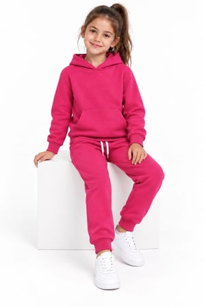 Kız Çocuk Fuşya Kapüşonlu Eşofman Takımı Kanguru Cepli Sweatshirt ve Jogger Alt 2’li Set