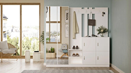 Robin Home Nova Aynalı Vestiyer Portmanto Ayakkabılık Beyaz