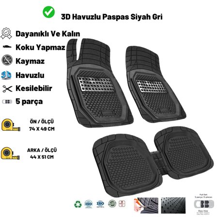 Volkswagen Passat B7 Sedan 2015 HASIR DESEN 3D UNİVERSAL UYUMLU PASPAS GRİ