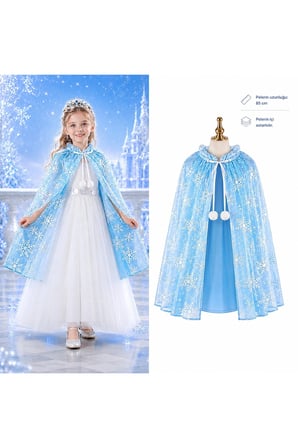 Kar Tanesi Desenli Mi Elsa Pelerini - Astarlı Frozen Pelerini 85 Cm