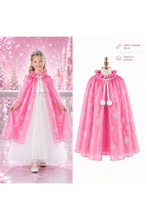 Kar Tanesi Desenli Pembe Elsa Pelerini - Astarlı Frozen Pelerini 85 Cm