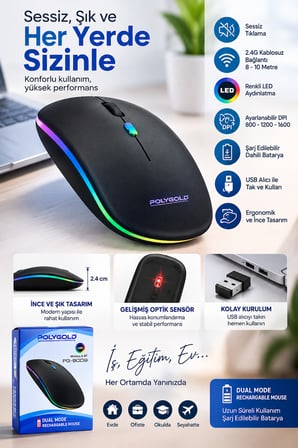 8 10 Metre Menzilli Şarj Edilebilir Kablosuz Mouse