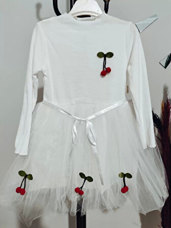 5-6-7 Yaş Kiraz Desenli Kurdela Kuşaklı Astarlı Uzun Kollu Kız Çocuk Tütü Elbise Beyaz