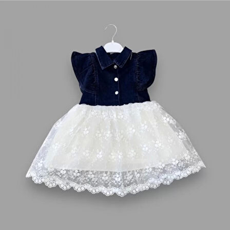 2-3-4 Yaş Astarlı Brode Etekli Kot Kumaş Düğmeli Kız Çocuk Elbisesi Lacivert