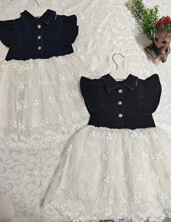 2-3-4 Yaş Astarlı Brode Etekli Kot Kumaş Düğmeli Kız Çocuk Elbisesi Lacivert