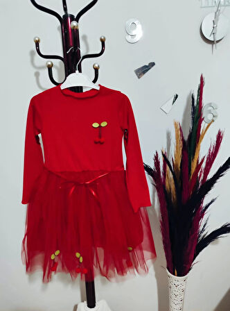 5-6-7 Yaş Kiraz Desenli Kurdela Kuşaklı Astarlı Uzun Kollu Kız Çocuk Tütü Elbise Kırmızı