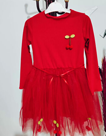 5-6-7 Yaş Kiraz Desenli Kurdela Kuşaklı Astarlı Uzun Kollu Kız Çocuk Tütü Elbise Kırmızı