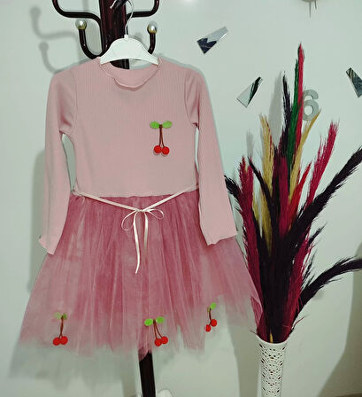 5-6-7 Yaş Kiraz Desenli Kurdela Kuşaklı Astarlı Uzun Kollu Kız Çocuk Tütü Elbise Gül Kurusu